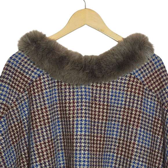 Jones New York Houndstooth Cape Faux Fur Collar Brown and Blue Classic Fall OS - Picture 8 of 13